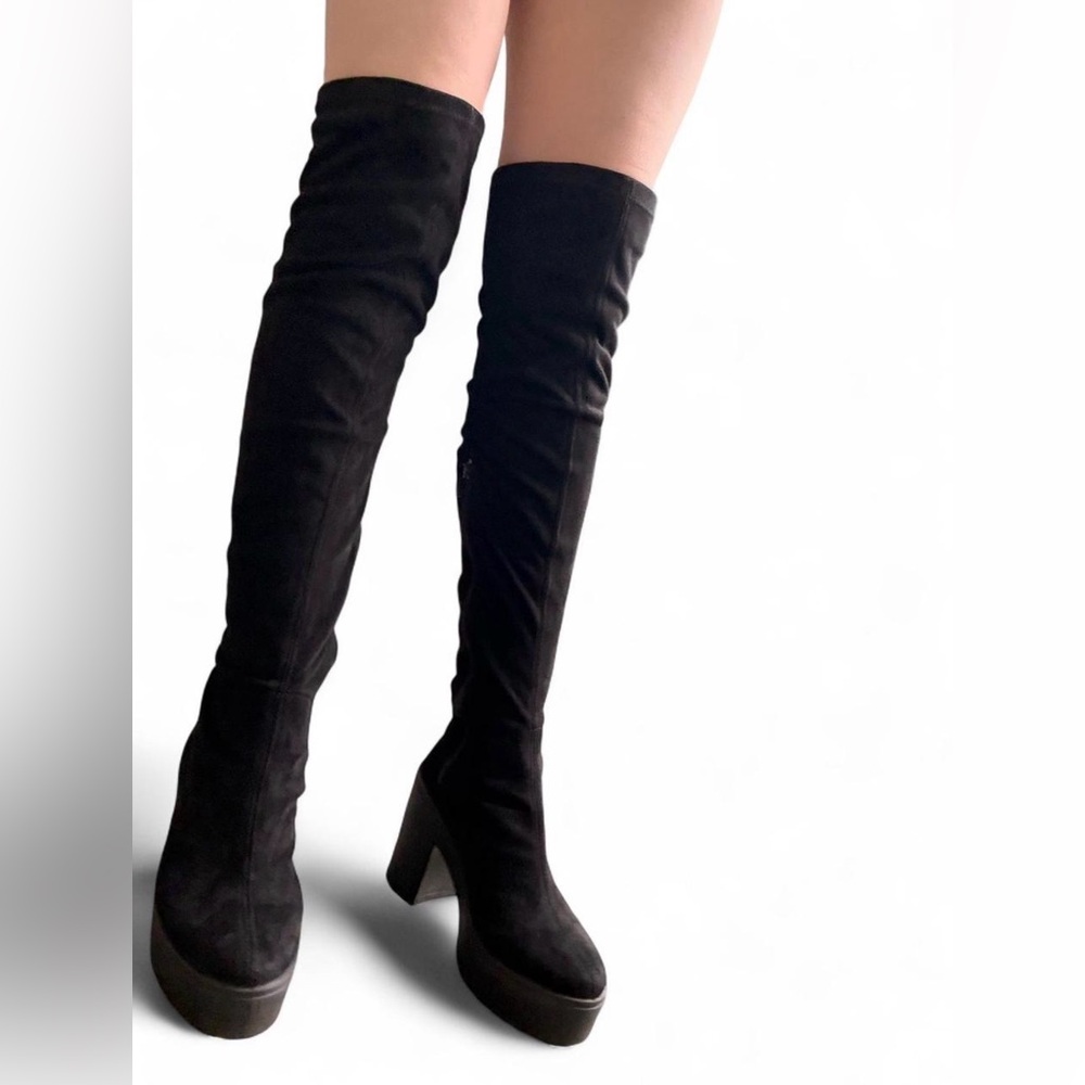 Women Black Over-the-Knee Thigh High Platform Block Heel Boots Made in Italy 8.5